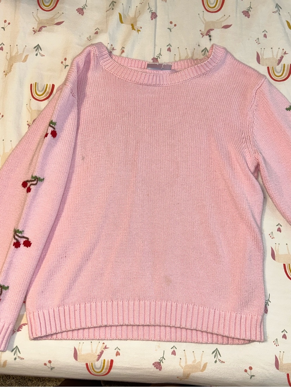 Little English Pink Sweater with Cherry Sleeve Embroidery